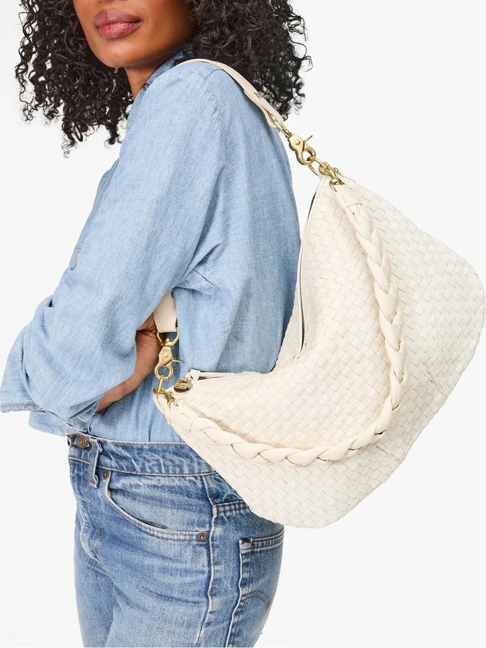 Clare V Braided Nappa Shoulder Strap in Cream - Picture 1 of 4